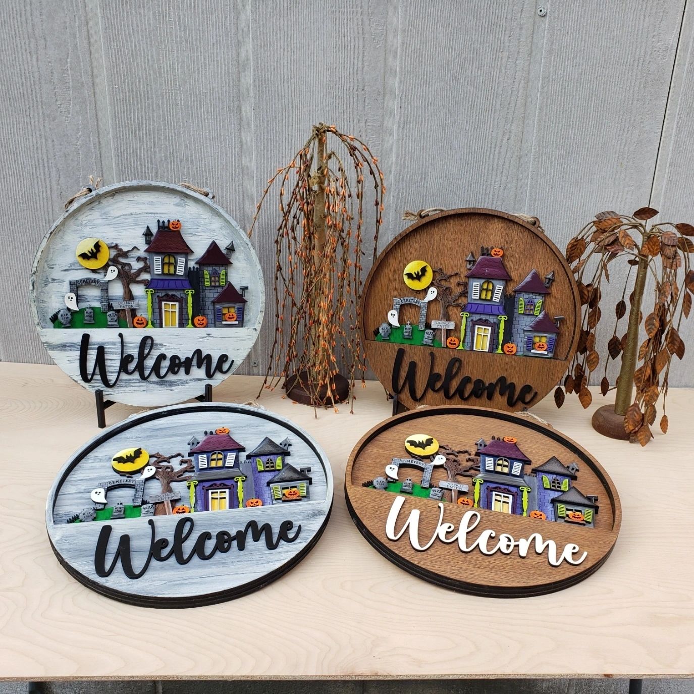 12" Welcome Halloween Haunted House Cemetery Interchangeable Sign Inserts- Halloween Haunted House Fall Pumpkin Door Hanger