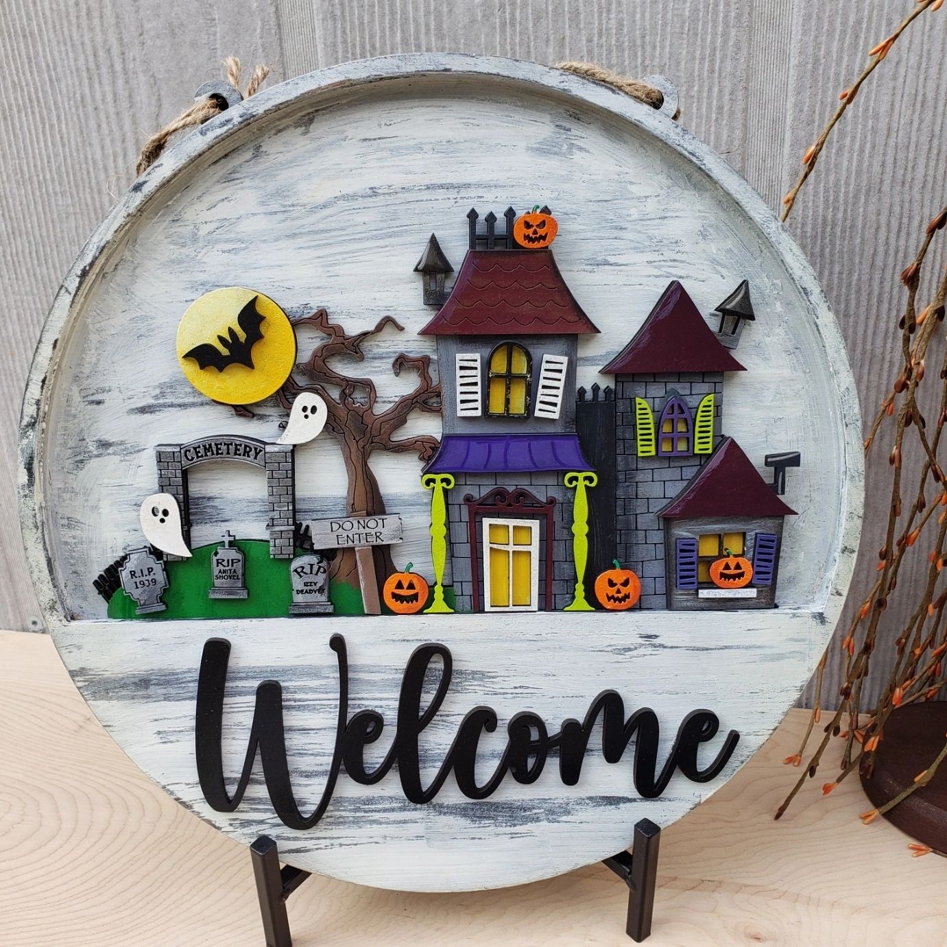 12" Welcome Halloween Haunted House Cemetery Interchangeable Sign Inserts- Halloween Haunted House Fall Pumpkin Door Hanger