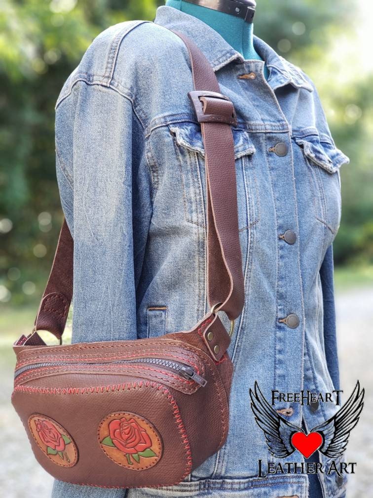 Roses Leather Fanny Pack - Roses Sling Bag