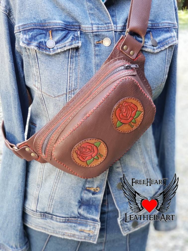 Roses Leather Fanny Pack - Roses Sling Bag