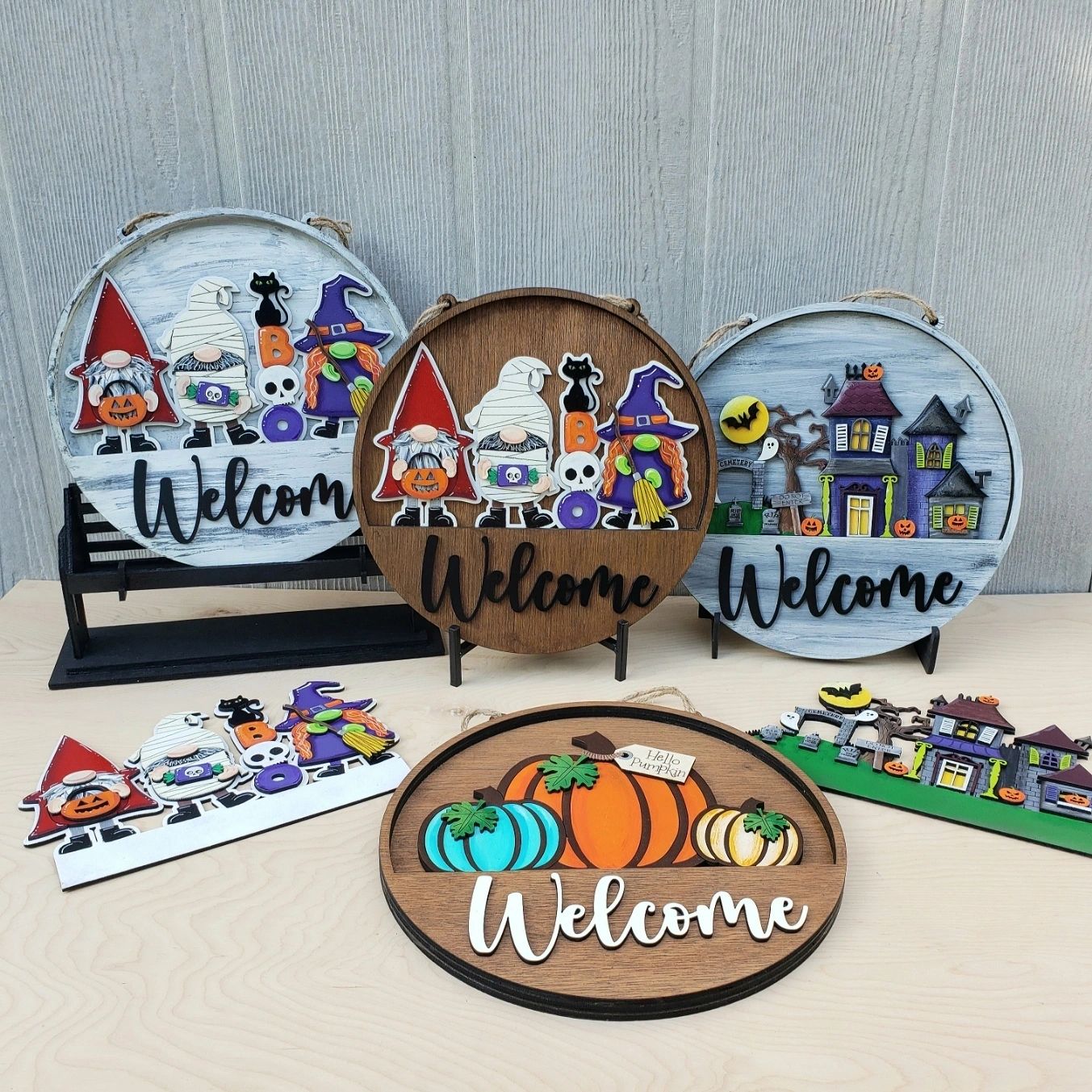 12" Welcome Halloween Gnomes Interchangeable Sign Inserts- Halloween Gnomes Fall Pumpkin Door Hanger