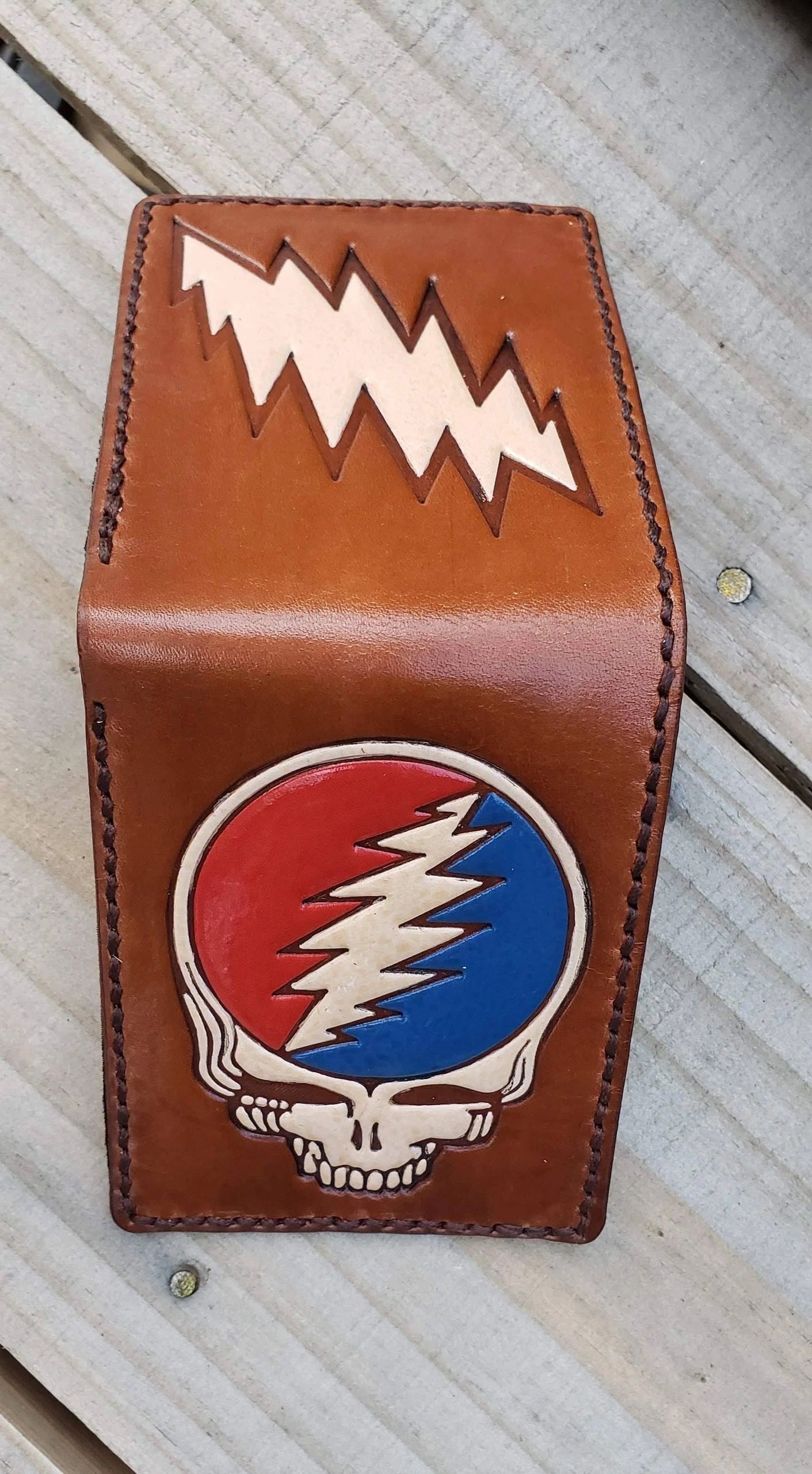 Leather Wallet Grateful Skull Painted and Bolt