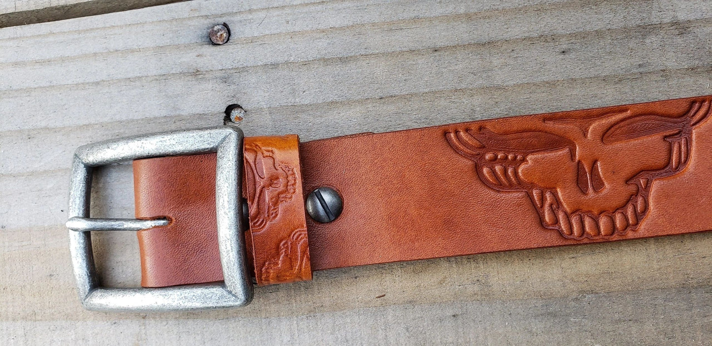 Leather Belt Stamped Dead and Stealie Faces