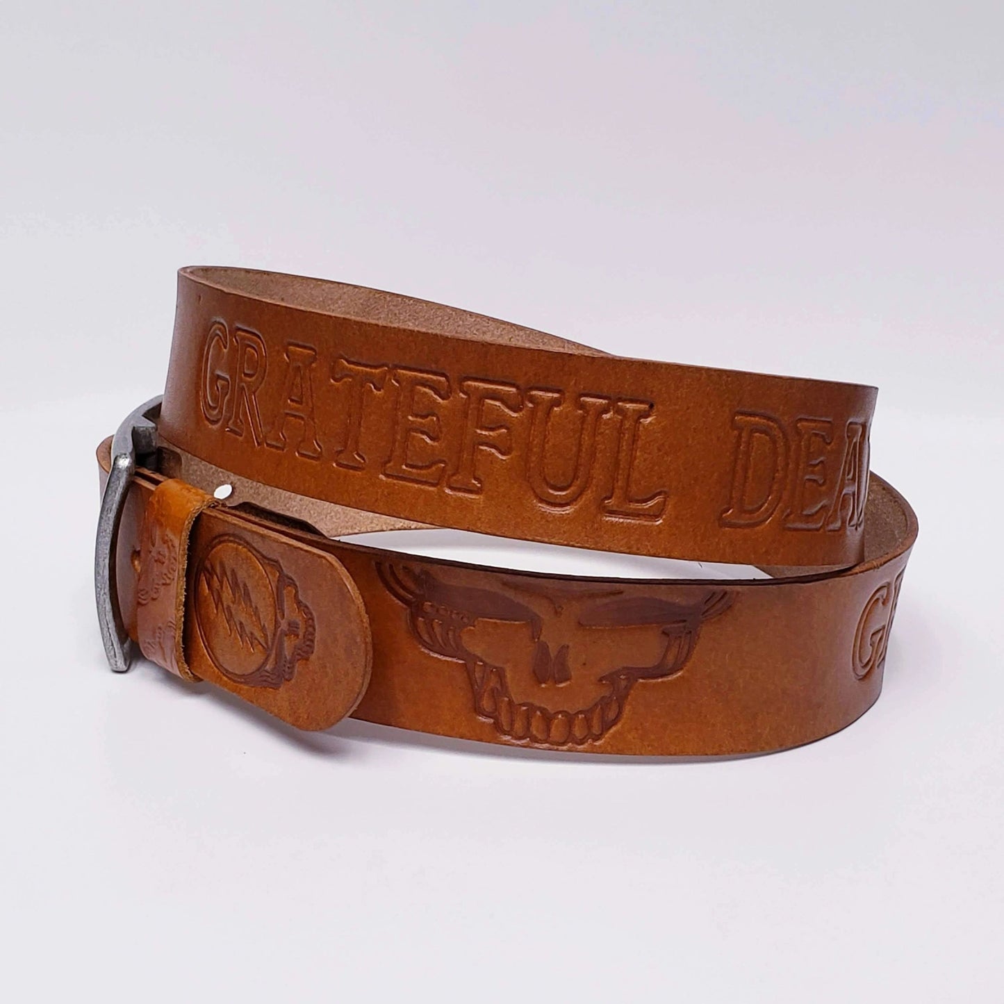 Leather Belt Stamped Dead and Stealie Faces