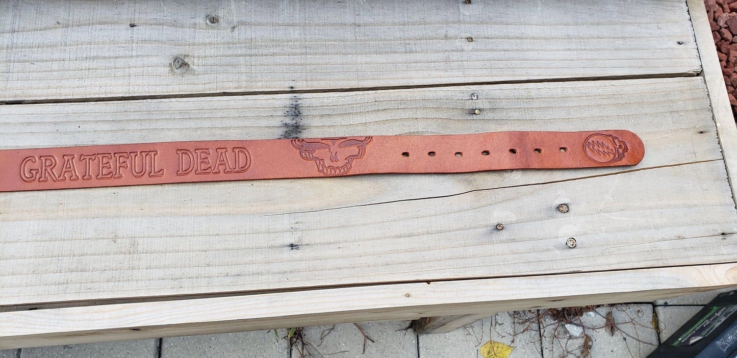 Leather Belt Stamped Dead and Stealie Faces