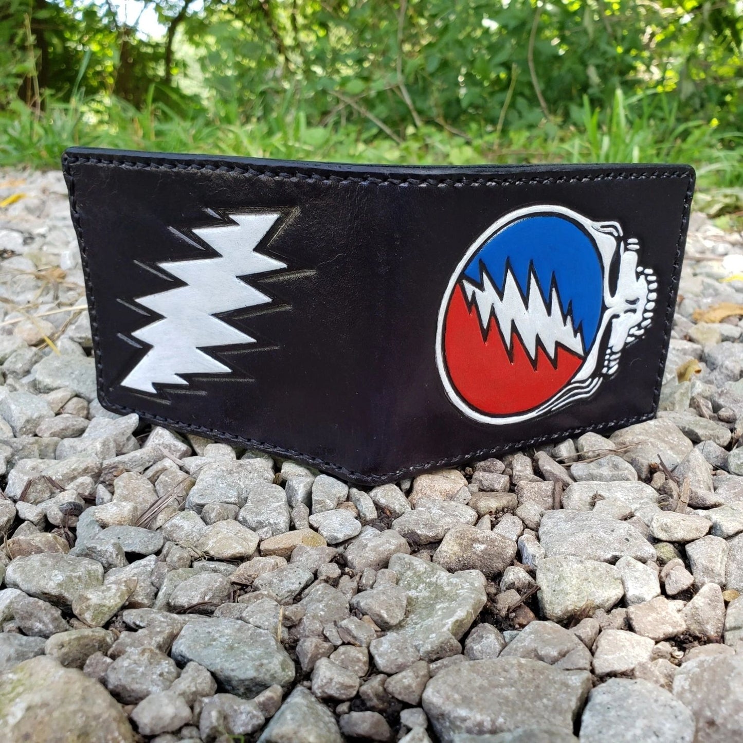 Leather Wallet Grateful Skull Painted and Bolt