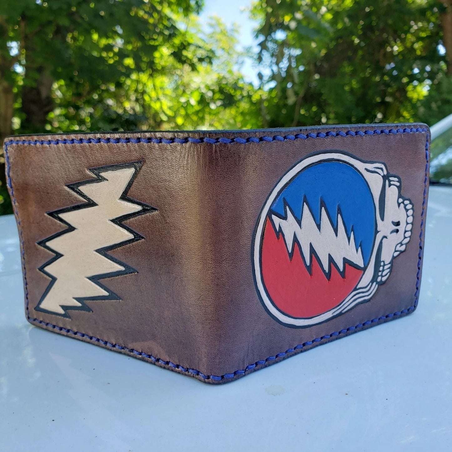 Leather Wallet Grateful Skull Painted and Bolt