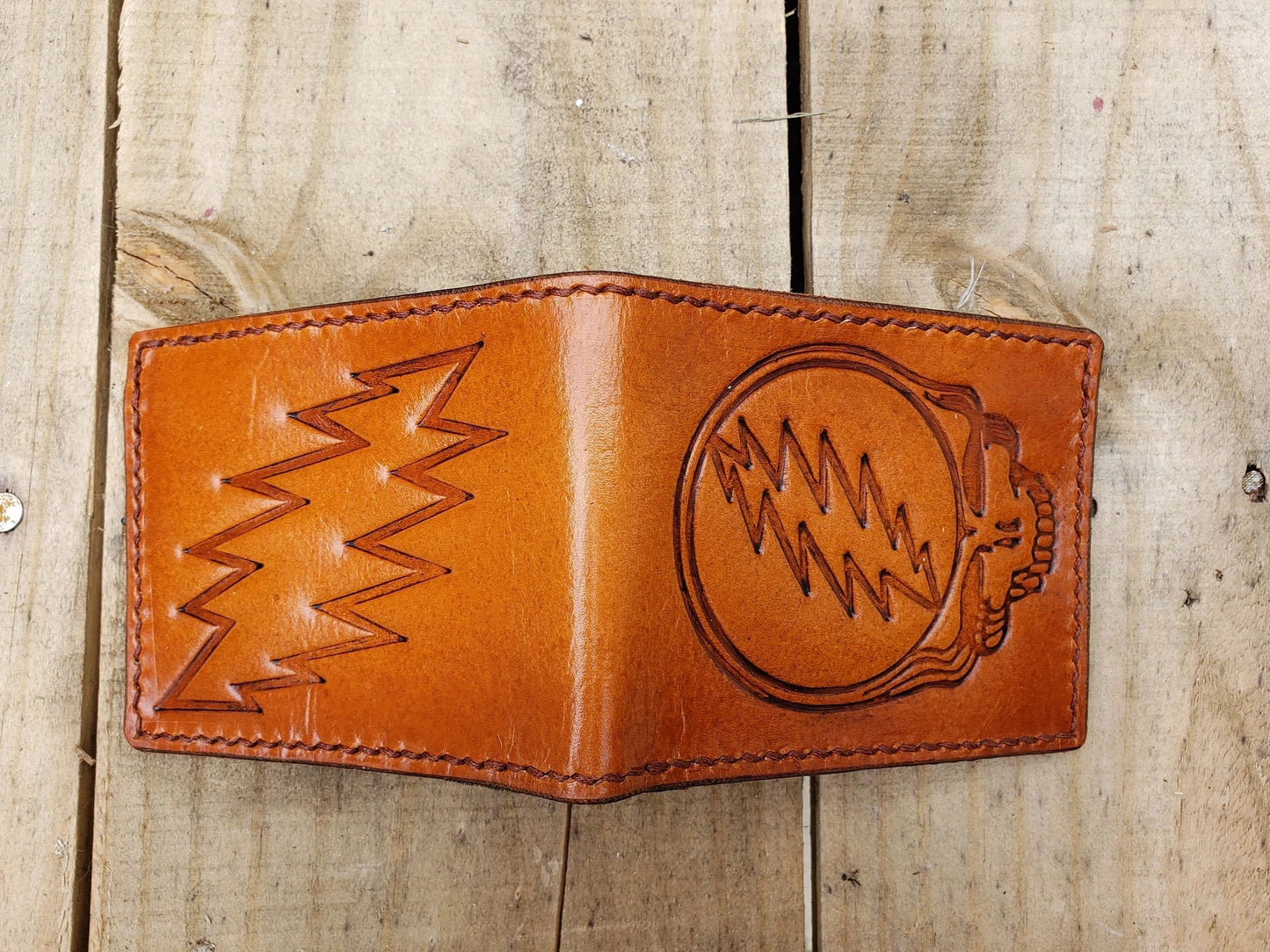 Leather Wallet Dead Stealie and 13 Point Bolt, Leather Deadhead