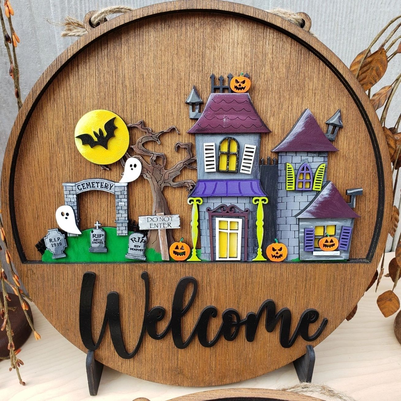 12" Welcome Halloween Haunted House Cemetery Interchangeable Sign Inserts- Halloween Haunted House Fall Pumpkin Door Hanger