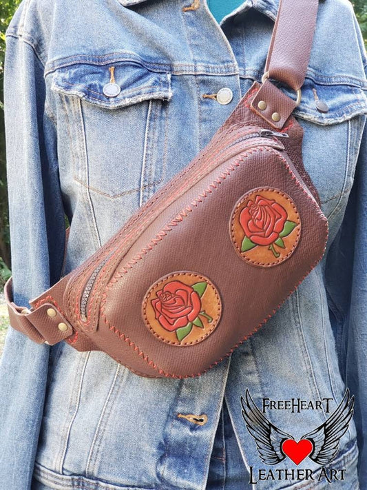 Roses Leather Fanny Pack - Roses Sling Bag